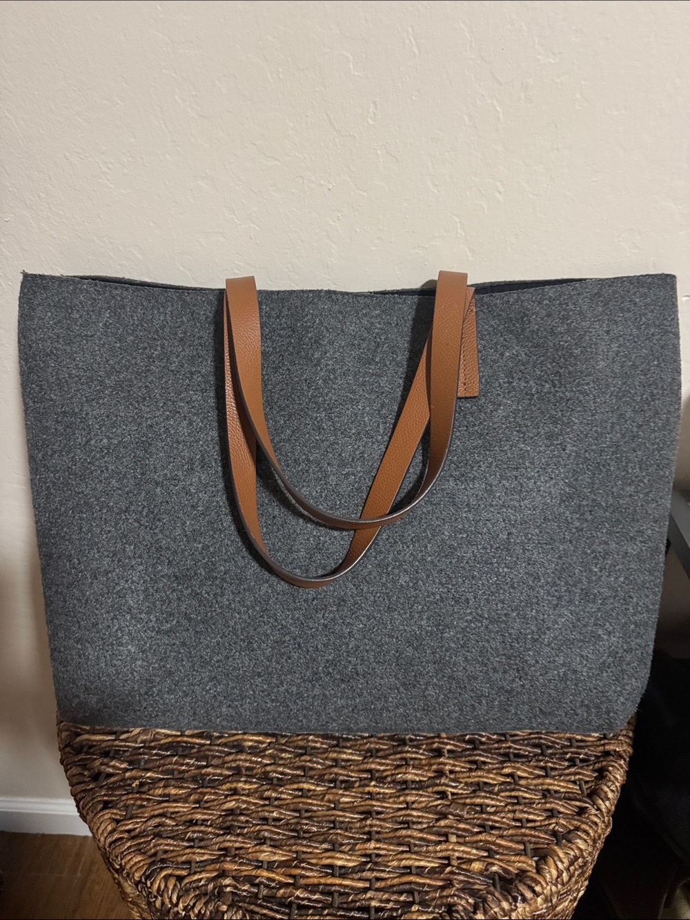 Gray J Jill Felt Tote with Tan Shoulder Straps